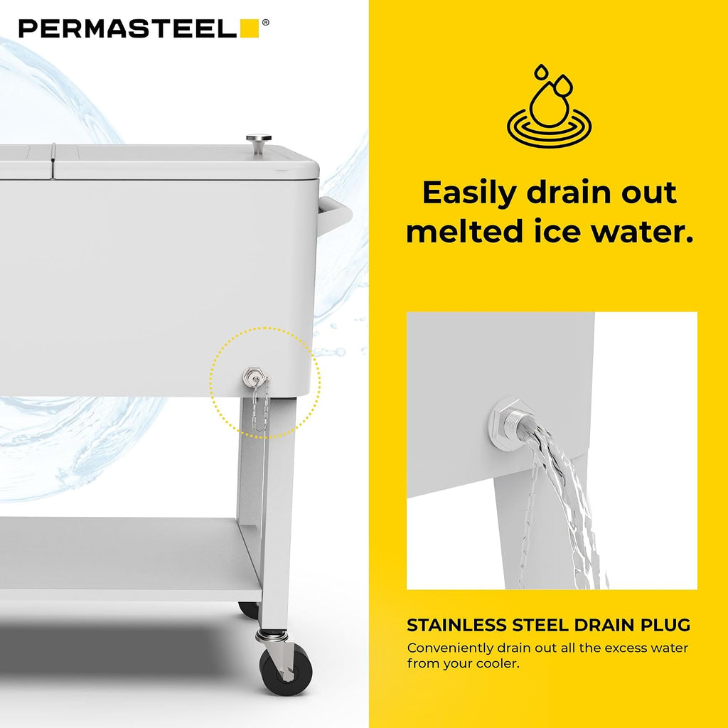 Permasteel 80-Qt Outdoor Patio Cooler with Removable Basin, Outside Beverage Cooler Cart, Rolling Cooler with Wheels and Handles, White