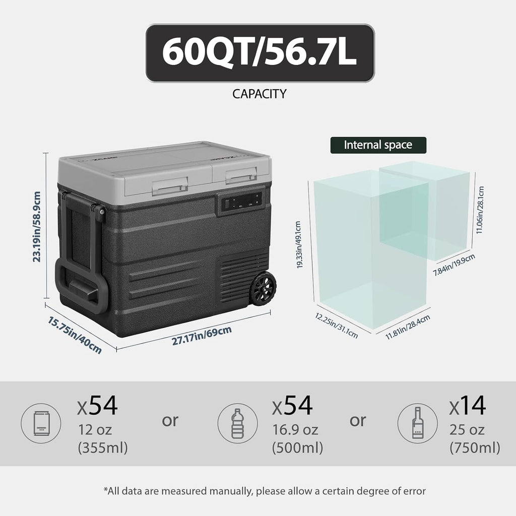 UD65 12V Car Refrigerator,Dual Zone Car Fridge with Wheels,60QT(56.7L) Electric Cooler Portable Freezer,12 Volt Refrigerator -4℉~68℉,12/24V DC 100-240V AC for Camping, Travel, Truck, RV