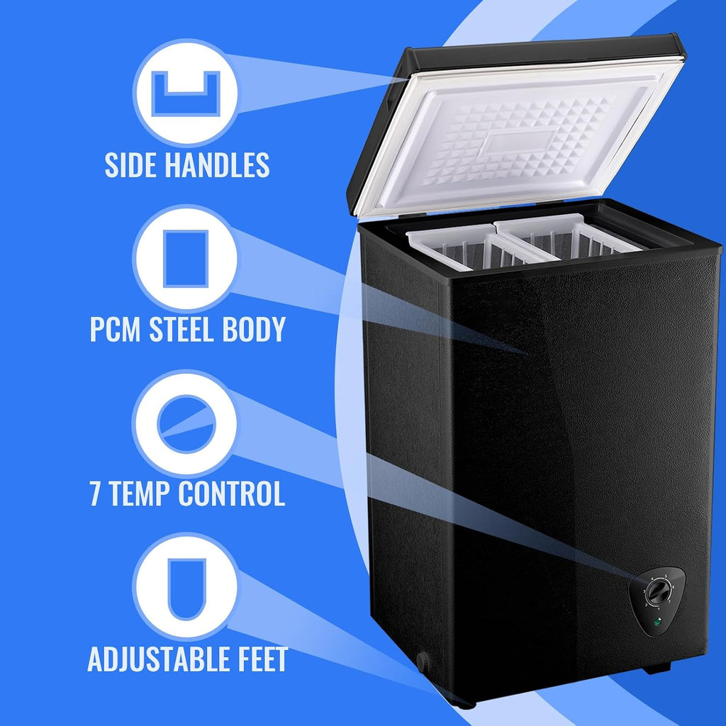 WANAI Chest Freezer Deep Mini Freezer with Compact Capacity Fast Freezing Freezers for Home Office Dorm with 2 Removable Basket Adjustable Feet, 7 Temp Control from -11.2 ℉ to 50 ℉ Black
