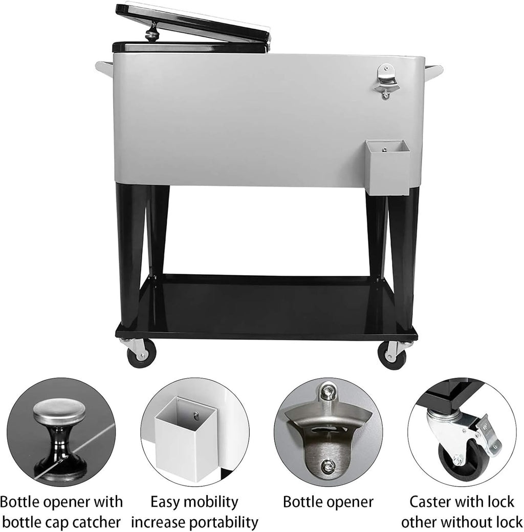 80 Quart Rolling Ice Chest Cooler Cart,for Outdoor Patio Deck Party Portable Party Bar Cold Drink Beverage Cart, Backyard Cooler Trolley on Wheels with Shelf, Bottle Opener