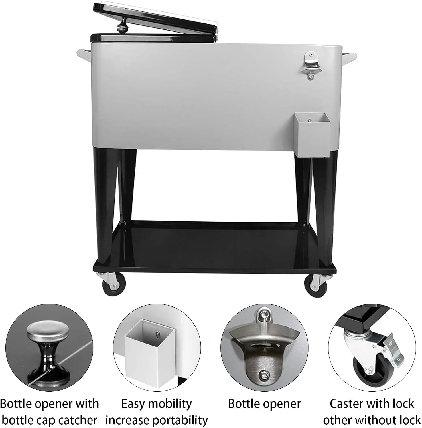 80 Quart Rolling Ice Chest Cooler Cart,for Outdoor Patio Deck Party Portable Party Bar Cold Drink Beverage Cart, Backyard Cooler Trolley on Wheels with Shelf, Bottle Opener