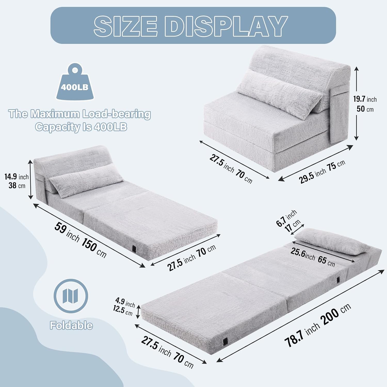 Tiita Convertible Folding Sofa Bed Single Size for Adults with Pillow, Plush Fabric Floor Mattress Couch Bed, Washable Cover & Side Pocket, Guest Room, Dorm, Apartment, Living Room, White Gray