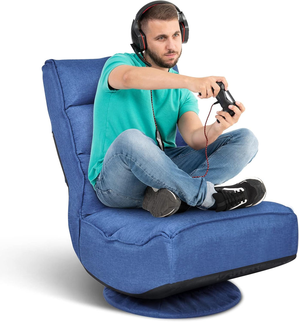 ERGOMASTER Reclining Folding Floor Gaming Chair for Home, Office and Lounging, Reading w/ 360-Degree Swivel, 5 Adjustable Positions, Tufted Cushions （Blue）