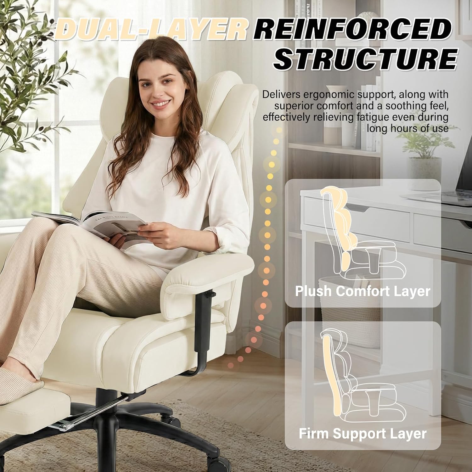 Big and Tall Office Chair 400LBS with Foot Rest & Waist Lumber Support, Ergonomic Gaming Chair with 2D Armrests, High-Back Leather Reclining Executive Chair for Home, Office, Beige