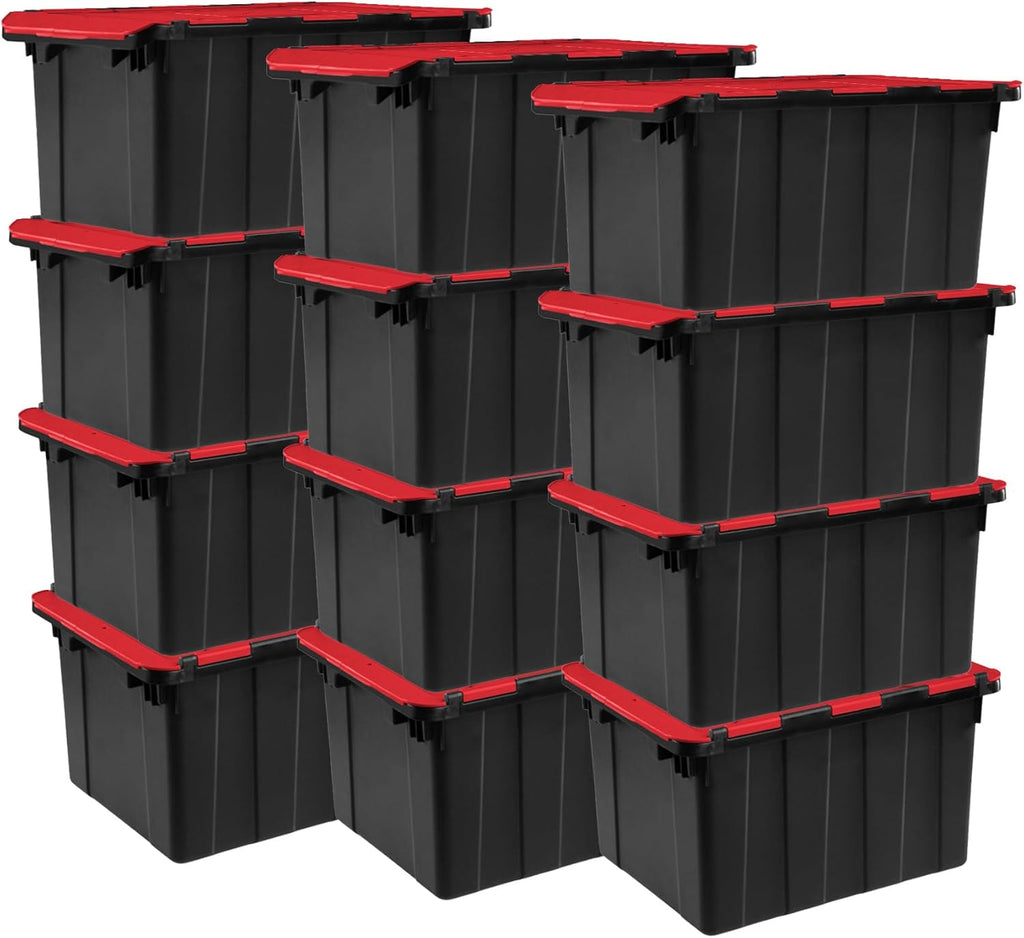Sterilite 12-Pack 12 Gallon Hinged Lid Industrial Tote, Heavy-Duty Plastic Organizer - Stackable Multipurpose Home Storage Bins with Contoured Handles for Garage, Basement or Attic Organization