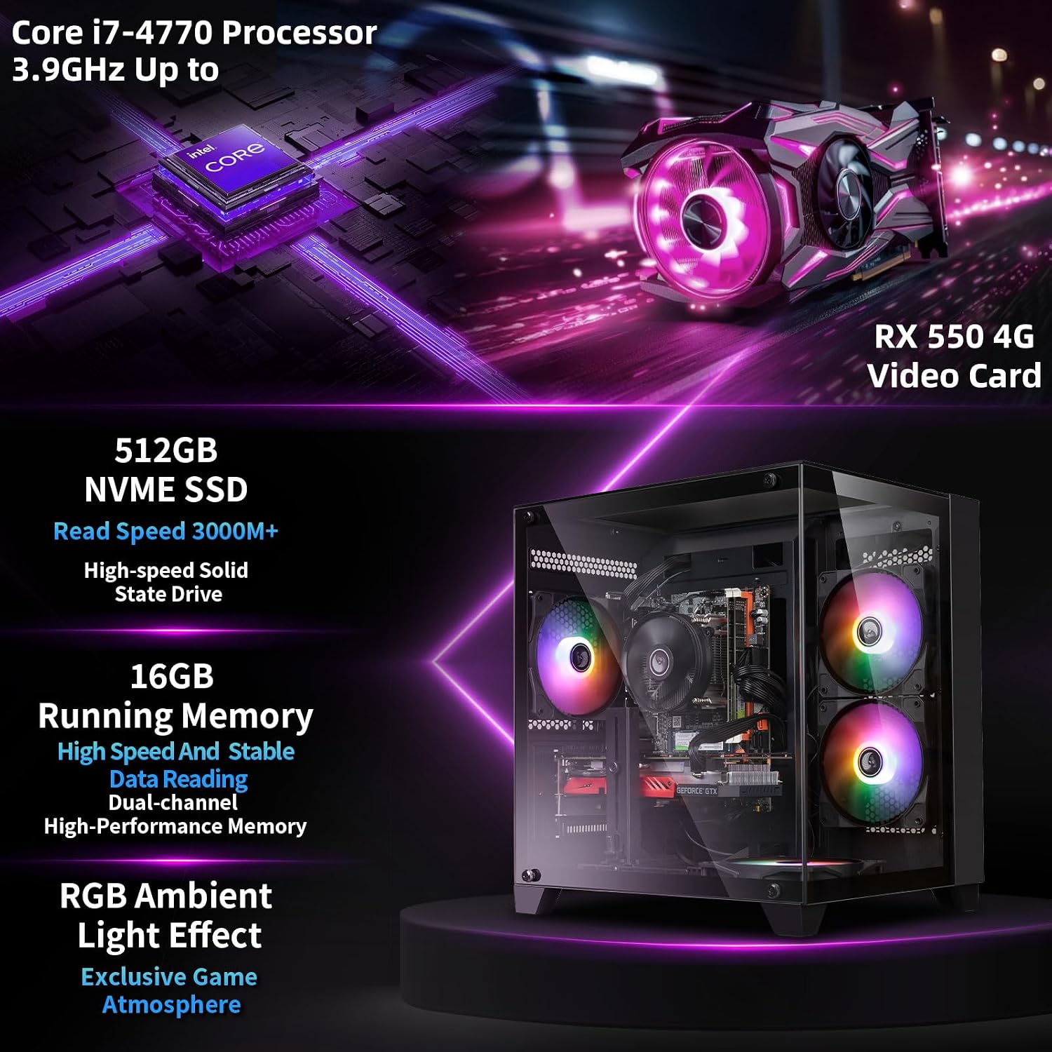 ZER-LON Gaming PC Desktop Computer, Intel Core I7 up to 3.9GHz, Radeon RX 550 4GB GDDR5, 16G RAM, 512GB SSD, WiFi 5.0, Prebuilt Gaming PC Tower Computer with 5 RGB Fan