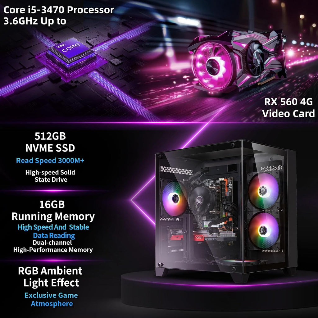 ZER-LON Gaming PC Desktop Computer, Intel Core I5 up to 3.6GHz, RX 560 4G GDDR5, 16G RAM, 512GB SSD, WiFi 5.0, Prebuilt Gaming PC Tower Computer with 5 RGB Fan