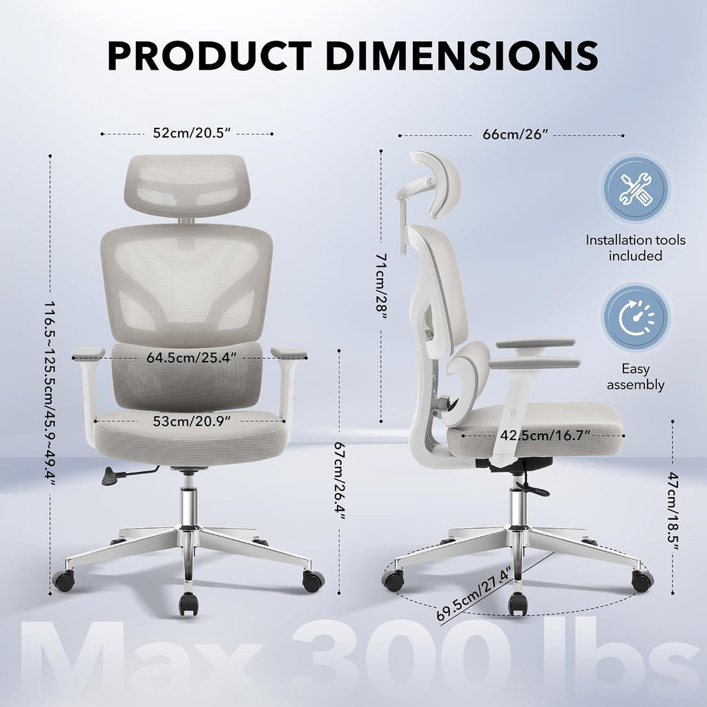 Office Chair Ergonomic Desk Chair - Home Mesh Office Desk Chair with Adjustable Lumbar Support, High-Back Computer Gaming Chair with Headrest 3D Armrests, Rolling Swivel Task Chairs for Home, Office