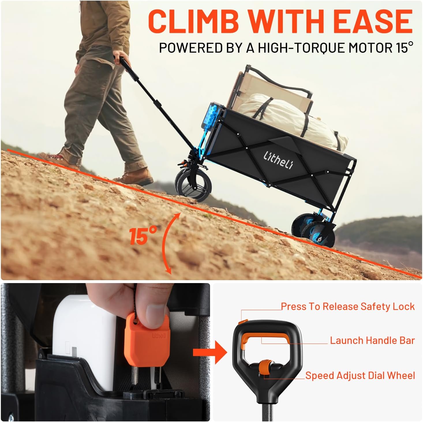Litheli Electric Collapsible Wagon Cart Foldable, 100L Portable Folding Wagon Cart with Wheels, Outdoor Lightweight Utility Carts for Beach Grocery Camping Shopping，Black