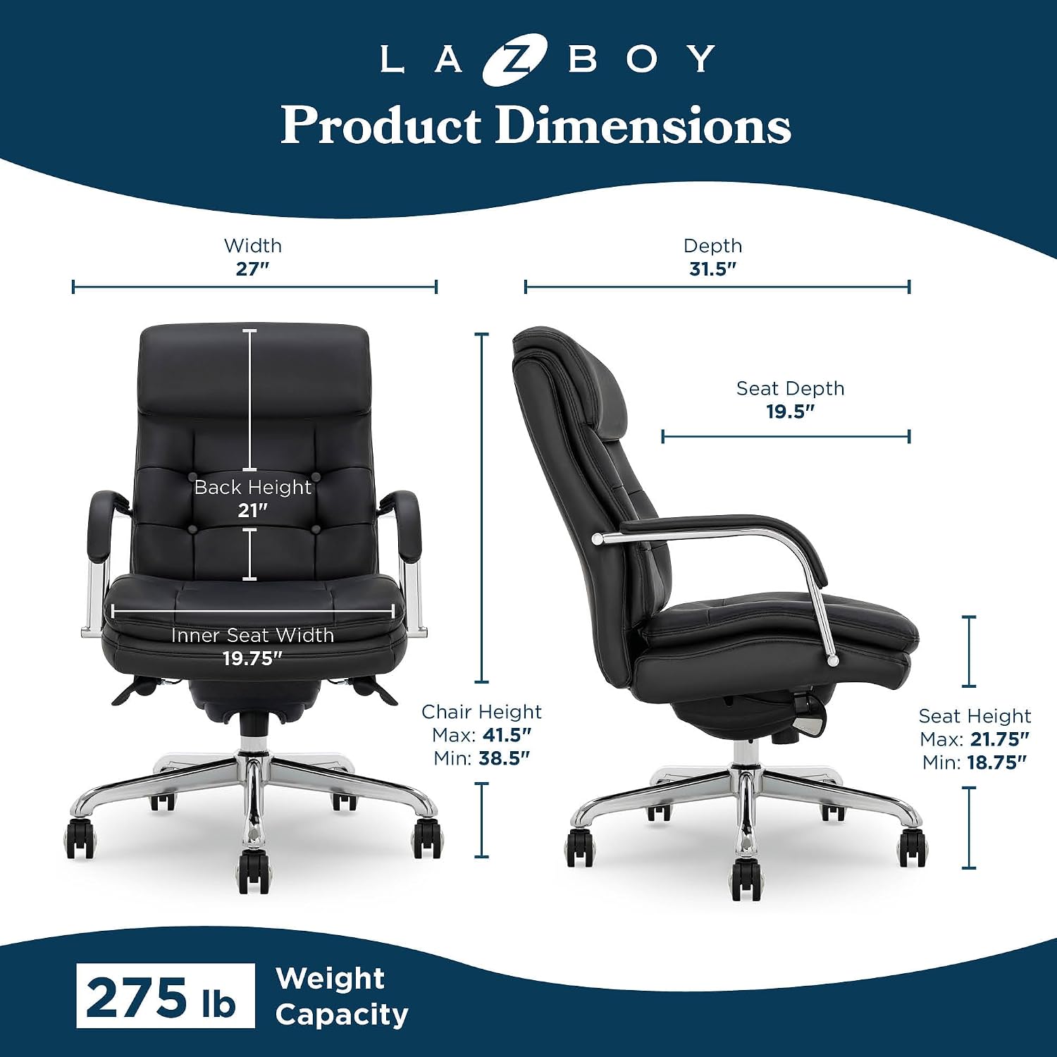 La-Z-Boy Sonata Executive Mid-Back Office Chair, Button-Tufted Seat and Back, Double-Layer Cushion, Padded Armrests, Ergonomic Computer DeskChair, Swivel Metal Base, Bonded Leather, Black/Chrome