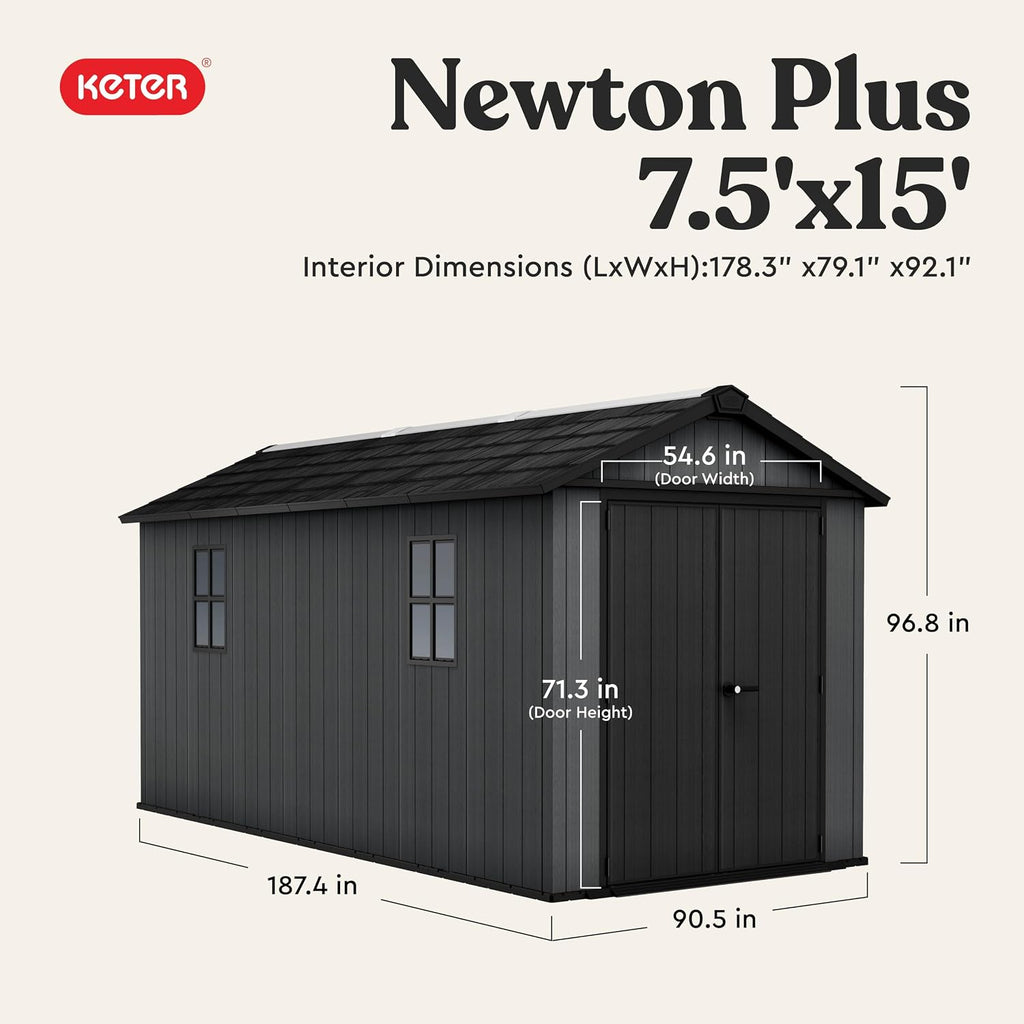 Keter Newton Plus 7.5x15 Ft All-Weather Storage Shed with Skylight, Window, Built-in Ventilation, Customizable Walls, & Lockable Double Doors, Graphite