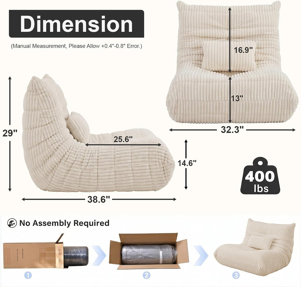 Bean Bag Chair with Lumbar Pillow, Gaint Bean Bag Chairs for Adults, Oversized Corduroy Beanbag Chair with Memory Foam Filled, Lazy Floor Sofa for Reading Gaming Living Room Bedroom (Beige)