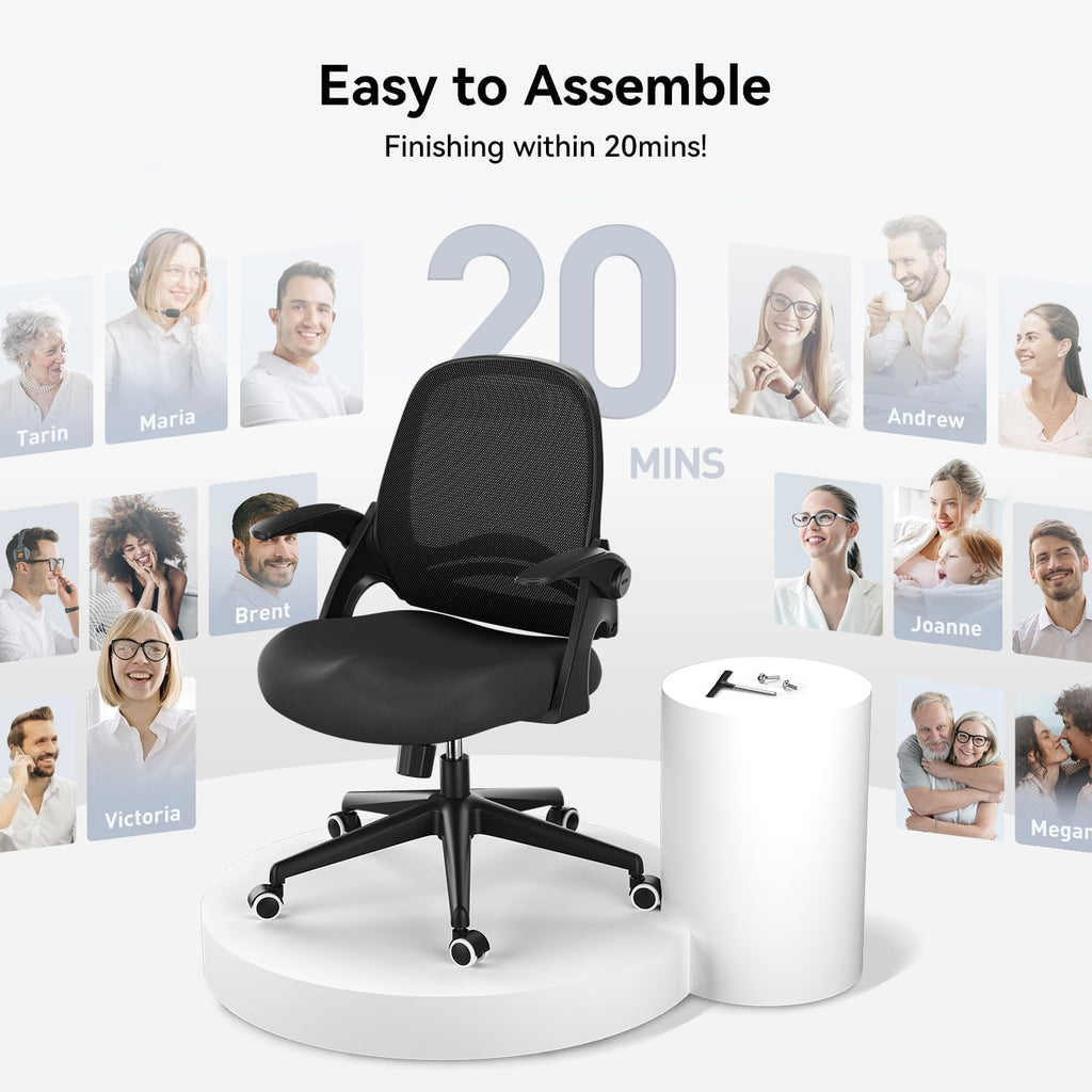 Hbada Office Desk Chair with Flip-Up Armrests and Saddle Cushion, Ergonomic Office Chair with S-Shaped Backrest, Swivel, Mesh, Black