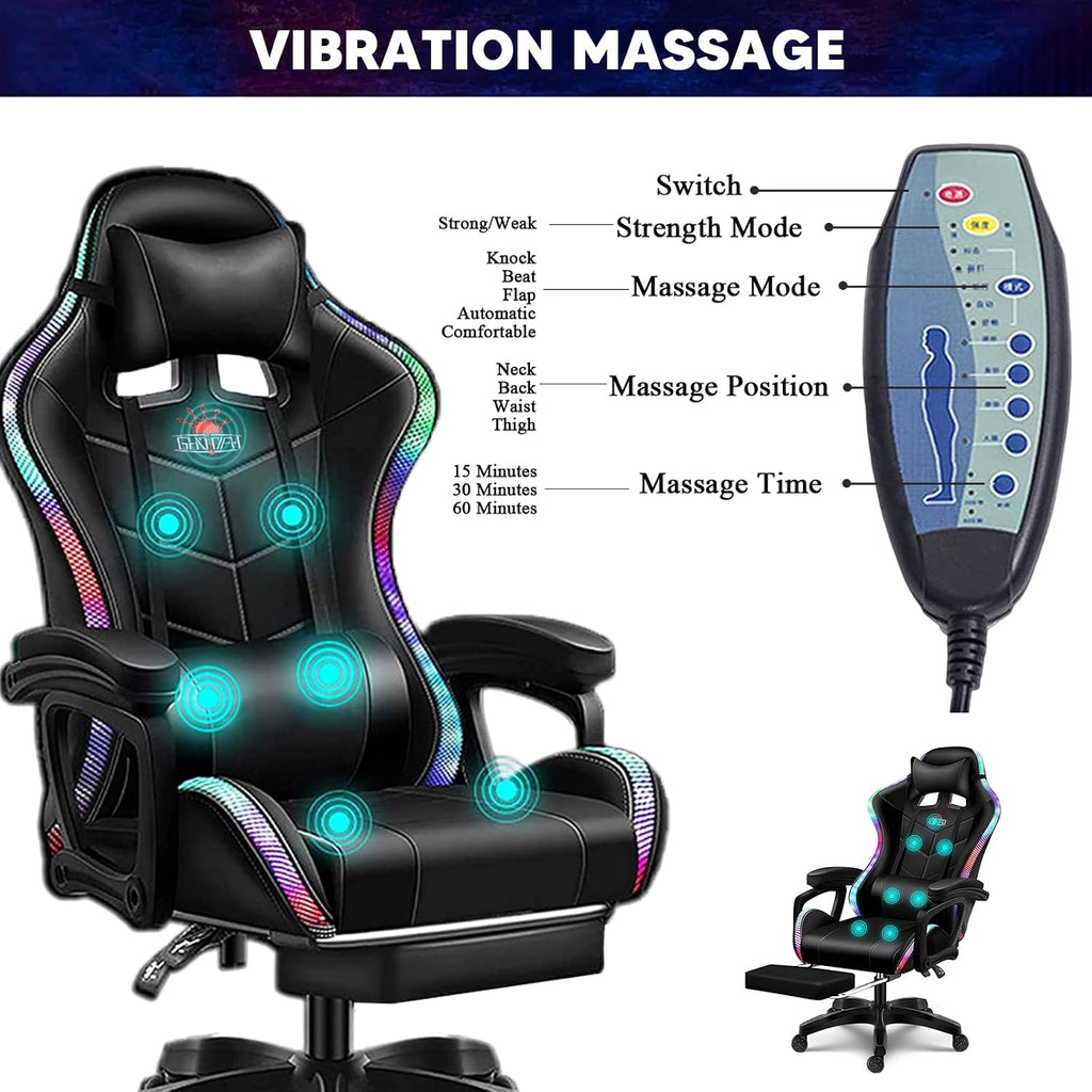 Gaming Chair with Speakers and Footrest Full Massage Computer Chair with RGB Lights Ergonomic Video Game Chair with Lumbar Support PU Leather High Back Gamer Chair for Office and Gaming,White