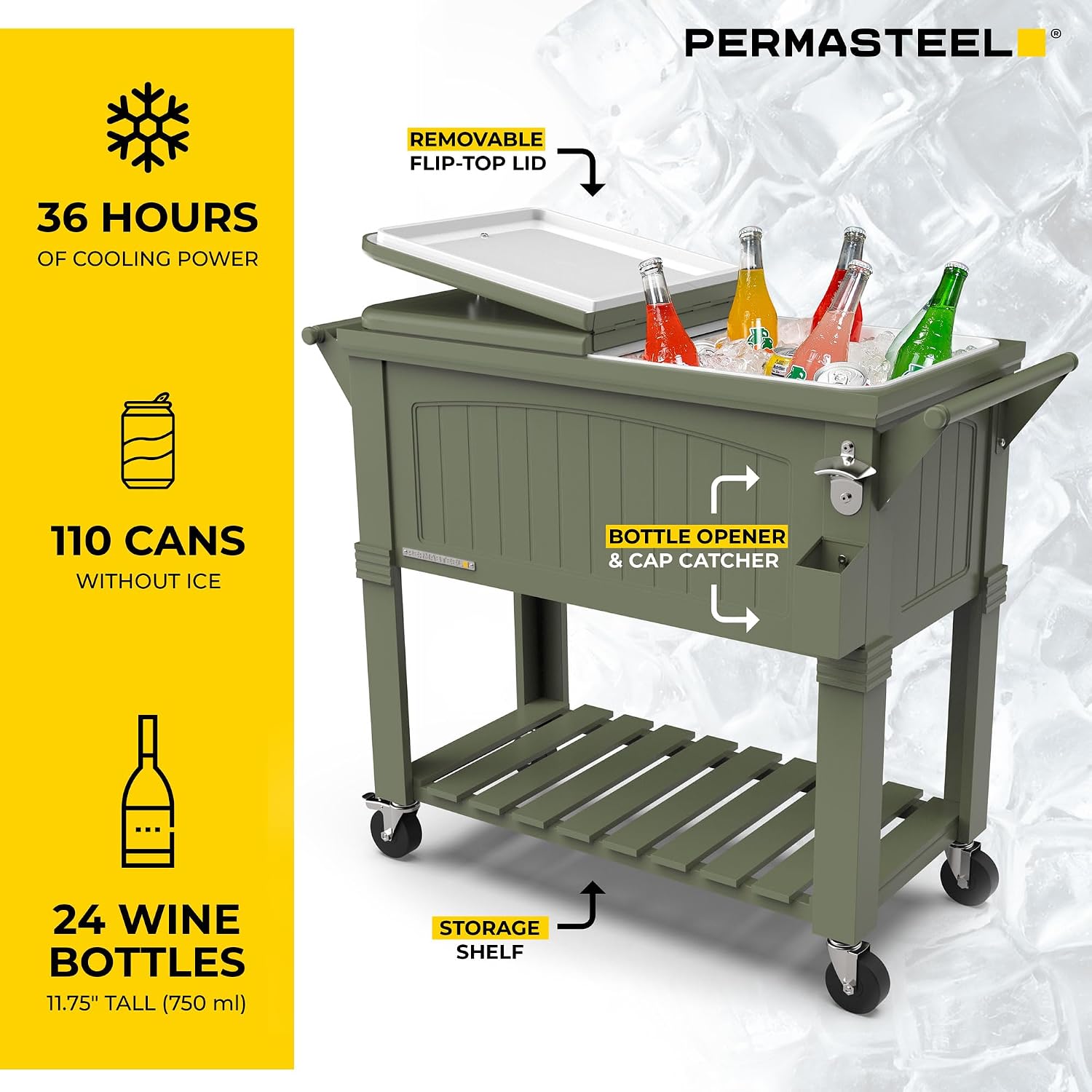 Permasteel Party Cooler with Divider, Spacious 80-Qt Capacity, Chills 36hrs, Serving Tray, Rolling Ice Chest for Indoor and Outdoor Entertainment, Matte Green