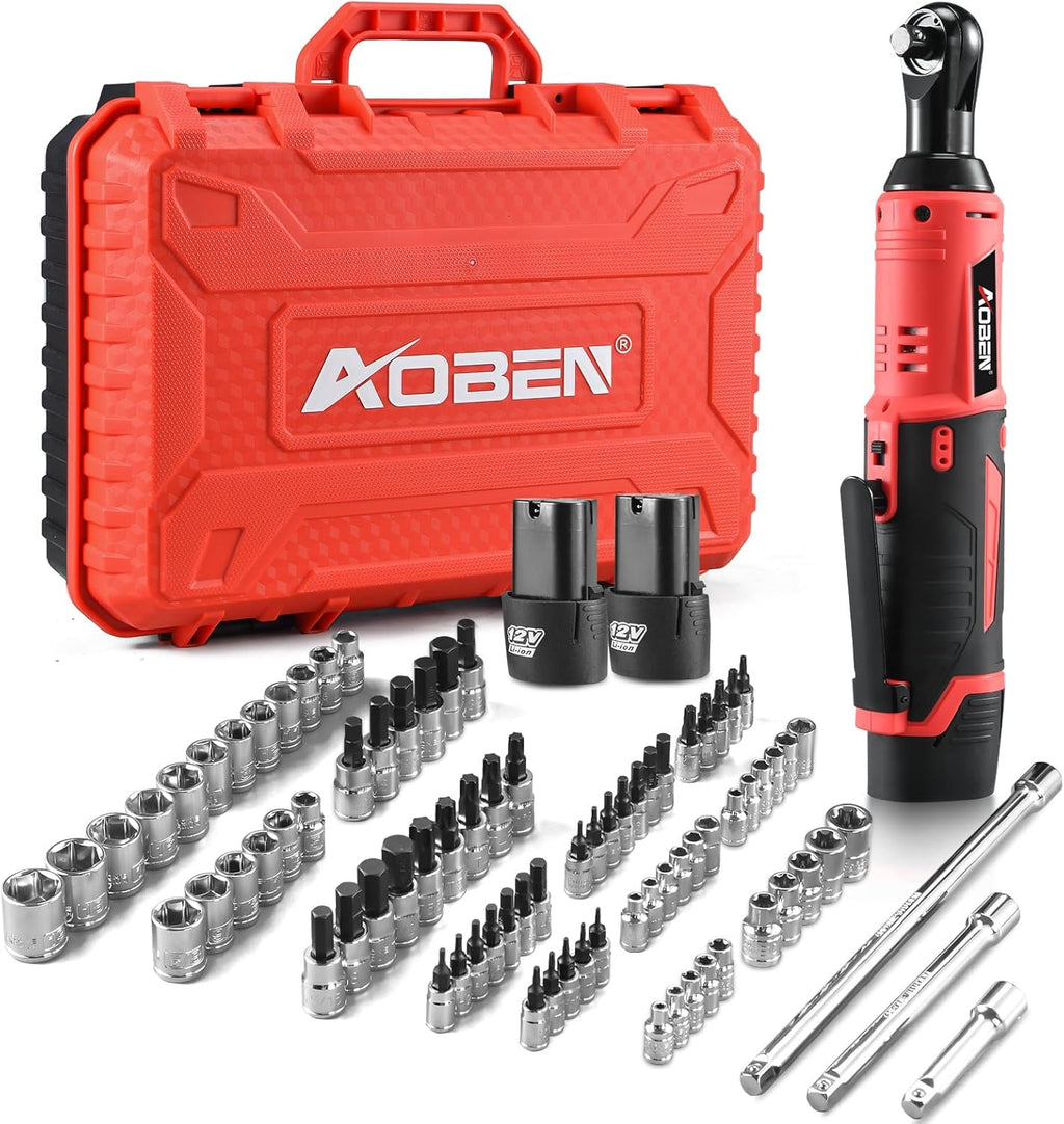AOBEN Cordless Ratchet Wrench Kit,3/8' ratchet,40 Ft-lbs Electric Power Ratchet Set with Variable Speed Trigger,2 Packs 2000mAh Lithium-Ion Battery And Charger,83 Sockets