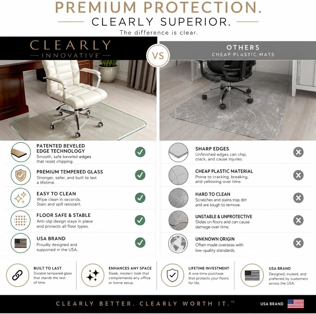 Office Chair Mat for Carpet & Hardwood Floors - 36x46 Tempered Glass Chair Mat with Beveled Edge, Heavy-Duty 1,000 lb Capacity, Smooth Glide Floor Protector by Clearly Innovative