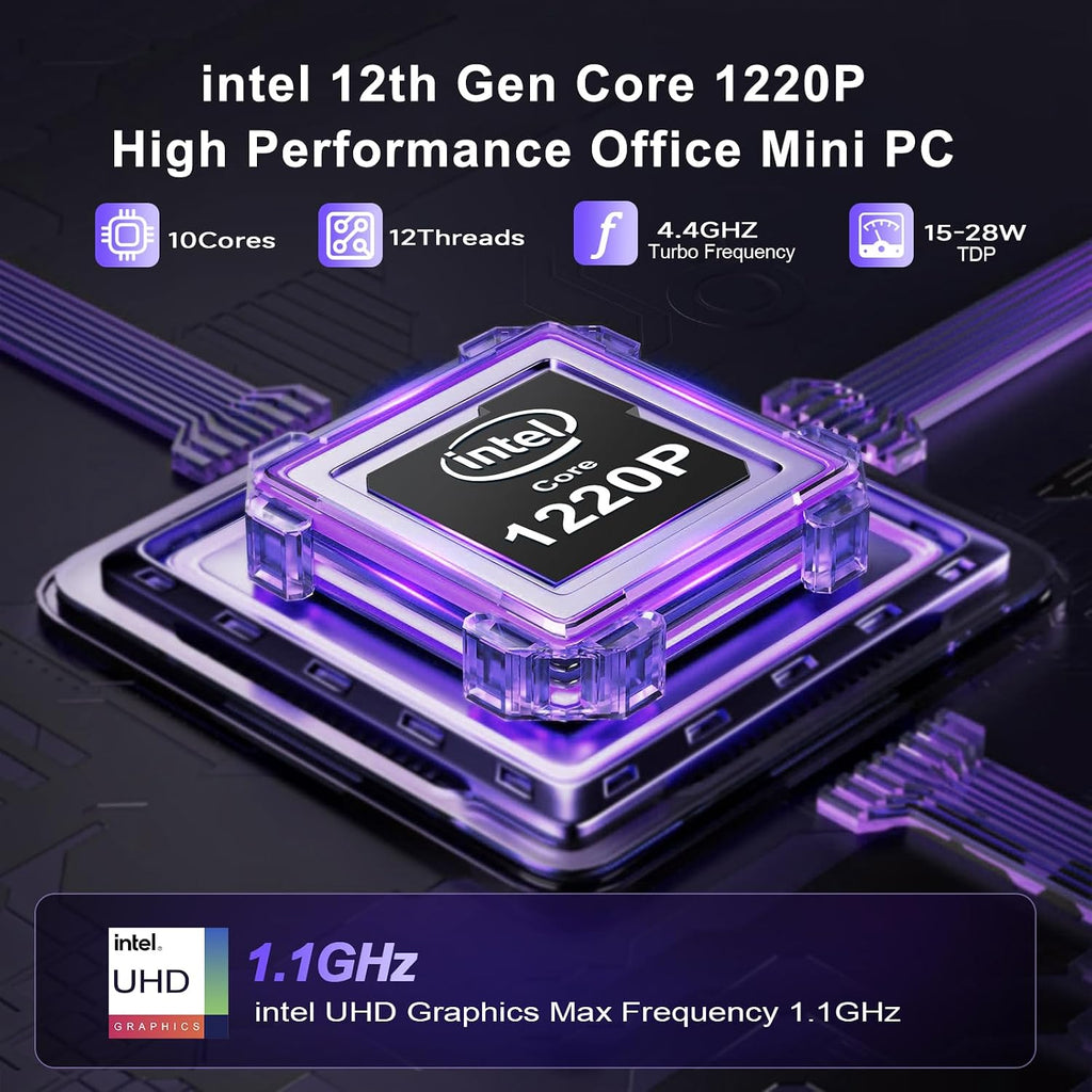 Beelink EQi12 Dual LAN Mini PC, Intel Core 1220P(10C/12T, up to 4.4GHz), 24GB LPDDR5 RAM 500GB PCIe4.0 SSD, Mini Desktop Computer Support WiFi 6/ BT5.2/ Dual HDMI/Bulit-in 85W Power Supply