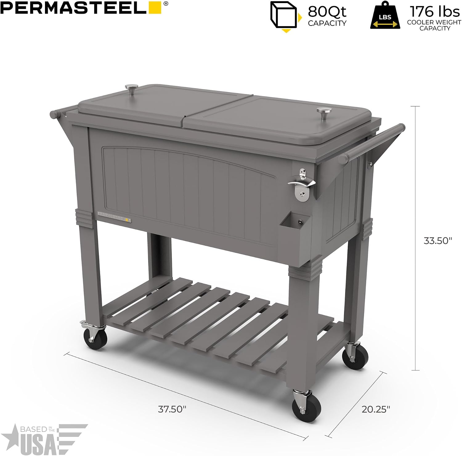 Permasteel Party Cooler with Divider, Spacious 80-Qt Capacity, Chills 36hrs, Serving Tray, Rolling Ice Chest for Indoor and Outdoor Entertainment, Matte Gray