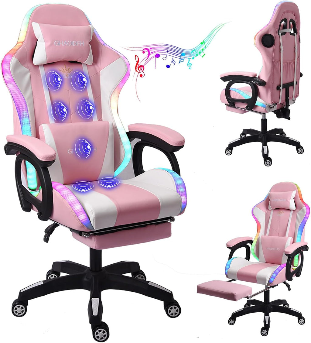 Gaming Chair with Massage and Footrest, Ergonomic Computer Chair, Video Gaming Chair with Speakers and LED Lighting, High Back Racing Chair with Headrest and Lumbar Pillow.,Pink