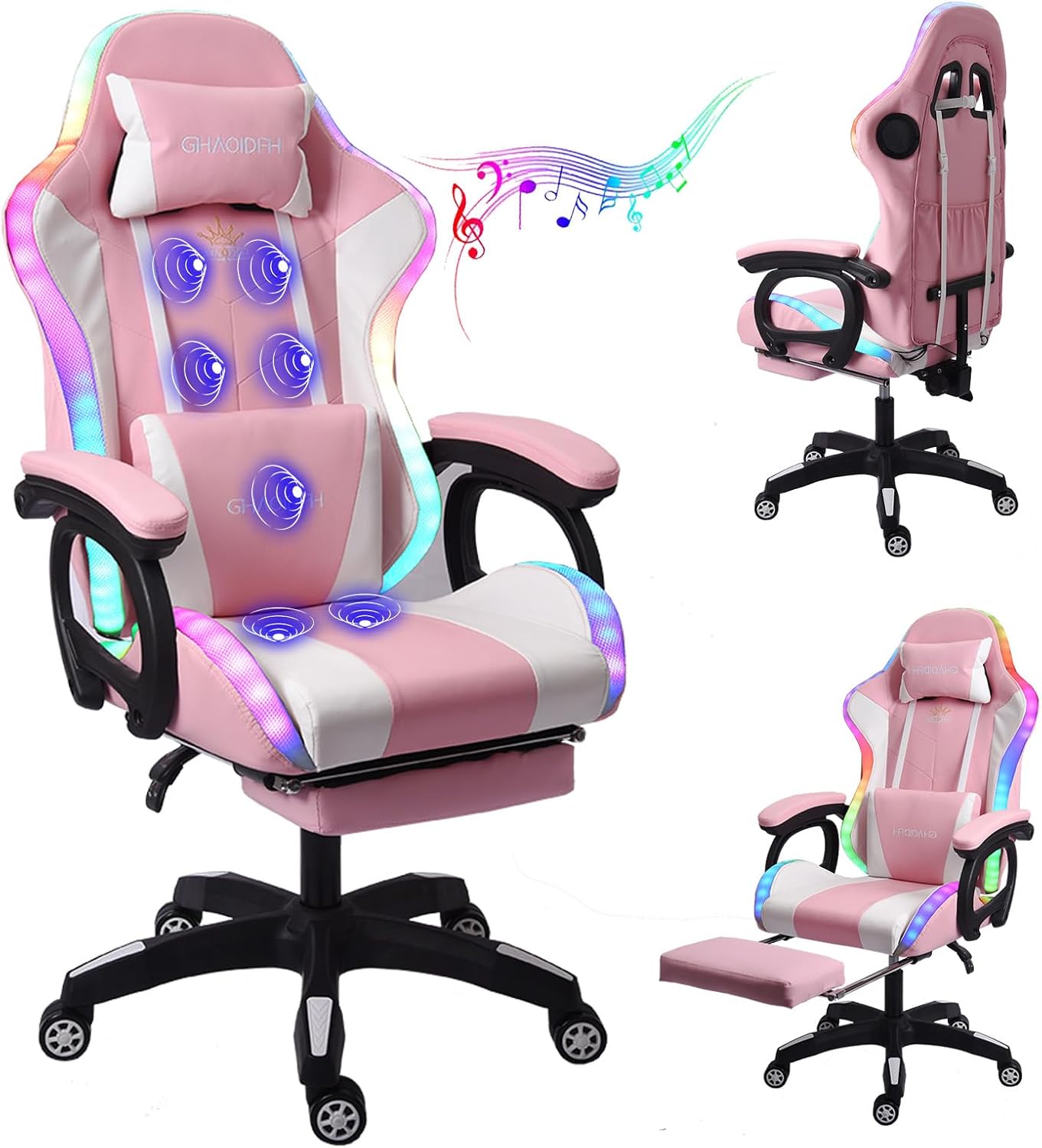 Gaming Chair with Massage and Footrest, Ergonomic Computer Chair, Video Gaming Chair with Speakers and LED Lighting, High Back Racing Chair with Headrest and Lumbar Pillow.,Pink