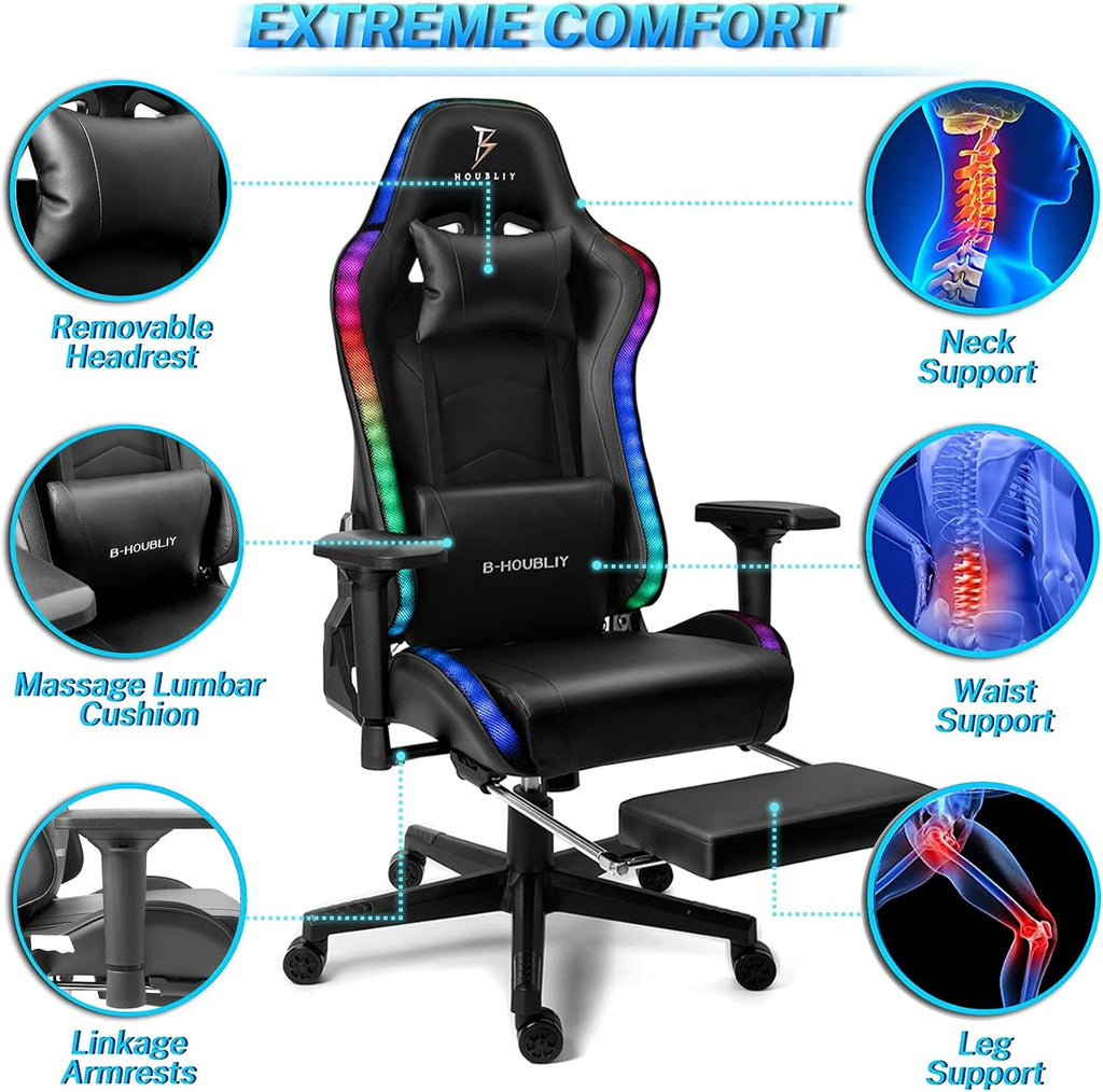 Big and Tall Gaming Chair with Speakers and RGB Lights 7-Point Massage Ergonomic PC Computer Chair with Footrest Headrest Lumbar Support 4D Armrests PU Leather Game Chair Racing Chair,Black