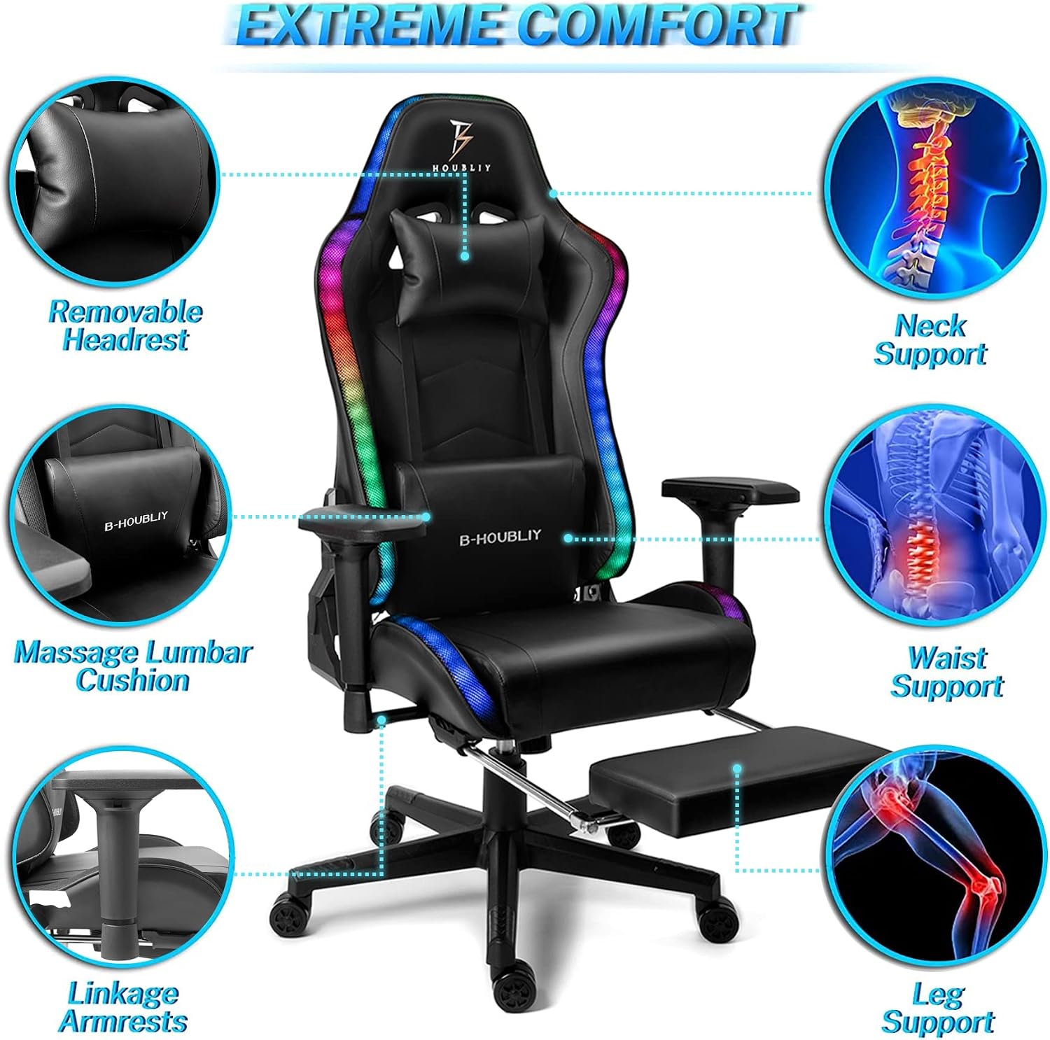 Big and Tall Gaming Chair with Speakers and RGB Lights 7-Point Massage Ergonomic PC Computer Chair with Footrest Headrest Lumbar Support 4D Armrests PU Leather Game Chair Racing Chair,Black