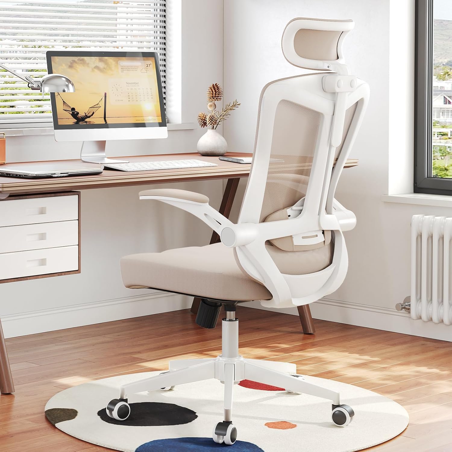 Ergonomic Office Chair with Adjustable Lumbar Support & Flip-Up Armrests - High Back Computer Desk Chair with Thickened Seat Cushion, Rolling Wheels for Home/Office Study Work (07khaki)