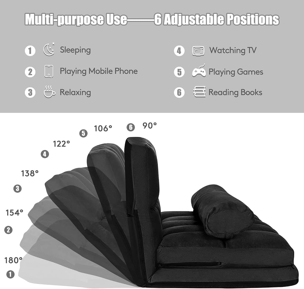 DORTALA Foldable Floor Sofa, 6-Position Adjustable Lounge Couch with 2 Pillows & Suede Cloth Cover, Modern Lounge Mattress Video Gaming Lazy Couch, Suede Floor Seating Sofa, 71' x 44.5', Black