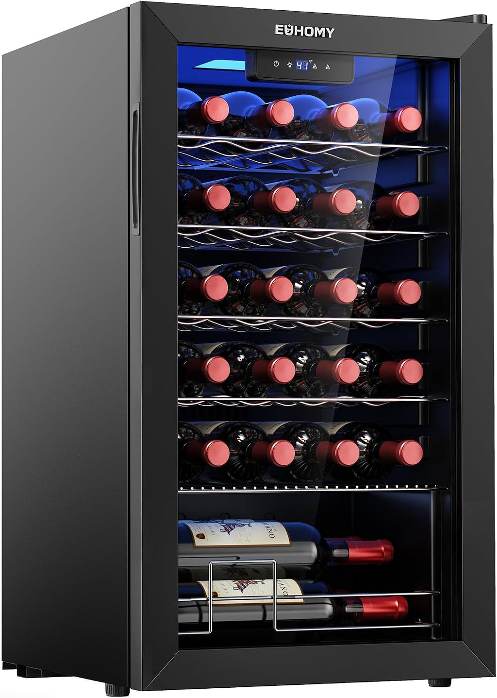 EUHOMY 25 bottle Wine Cooler Refrigerator, Freestanding Compressor Wine Fridge with Adjustable Temperature and Digital Control, Mini Fridge with Glass Door for Red White Wine, Beer, Black