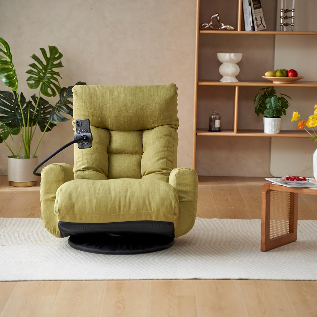 360° Swivel Floor Gaming Chair Linen Folding Chaise Lounge Chair Adjustable Comfy Sofa Chair with Armrests, Phone Holder & Padded Cushion, Ideal for Living Room, Bedroom (Green)