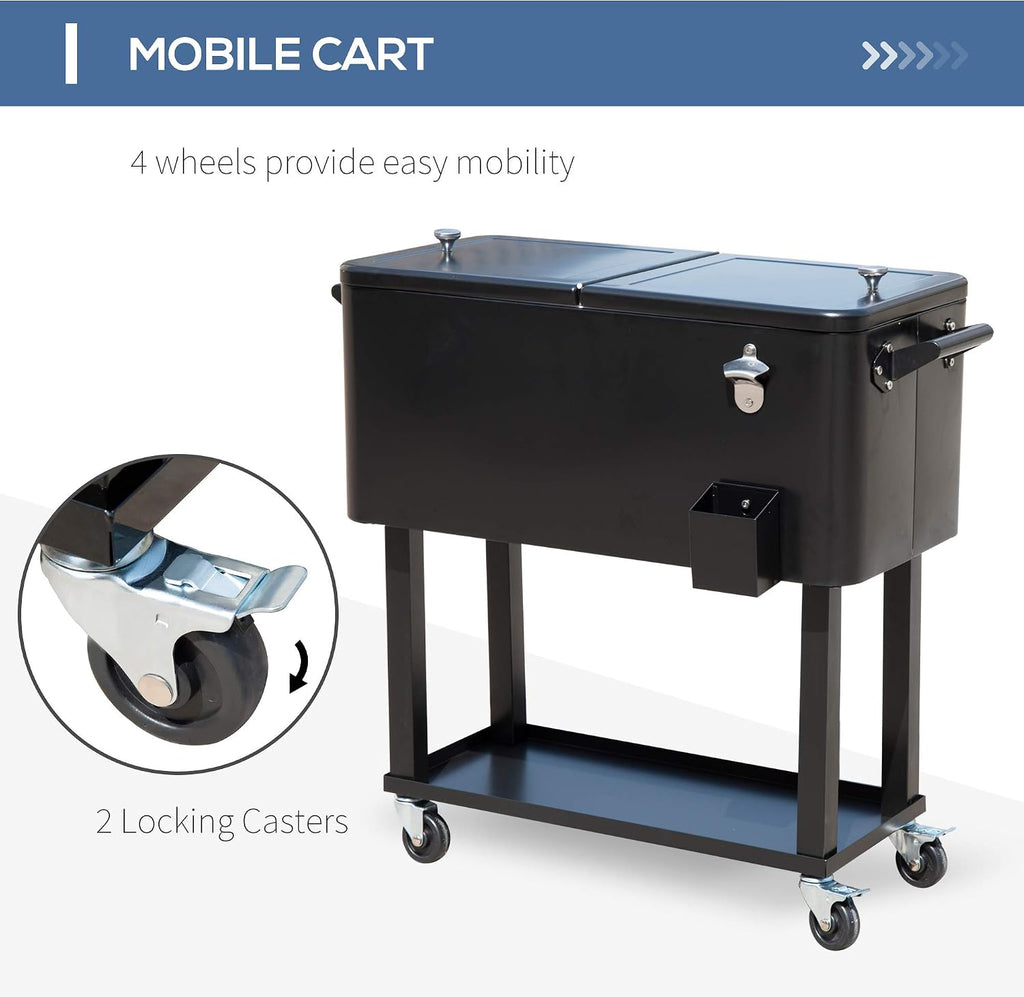 Outsunny 80 QT Rolling Cooling Bins Ice Chest on Wheels Outdoor Stand Up Drink Cooler Cart for Party, Black