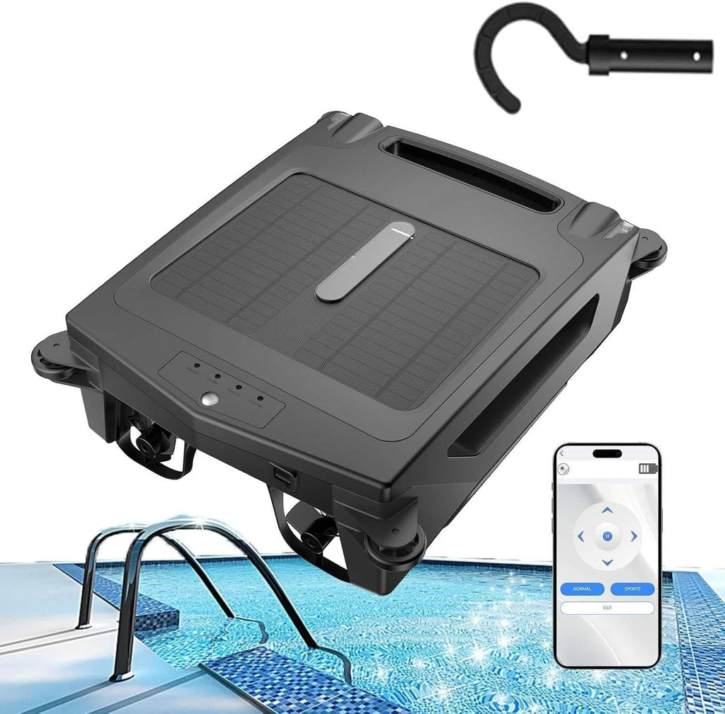 Pool S-urface Cleaning Robots with Dual Charging Mode (Solar/Adapter), App Control, Cordless Auto-Cleaning, for All Swimming Pool Sur-face, 2 Charging Options