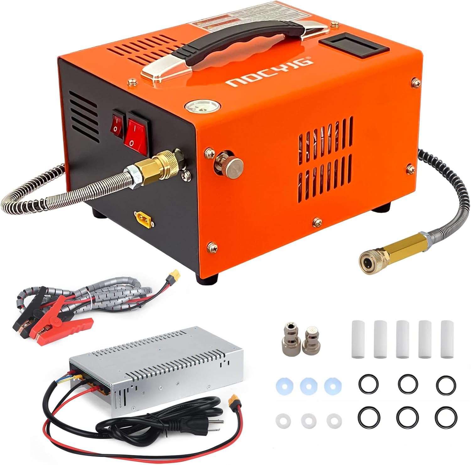 Pcp air compressor 4500PSI Portable PCP Compressor, 12V DC/110V AC PCP Airgun Compressor Manual-stop, w/External Power Adapter, Built-in Fan, Suitable for Paintball, Air Rifle, Scuba Bottle