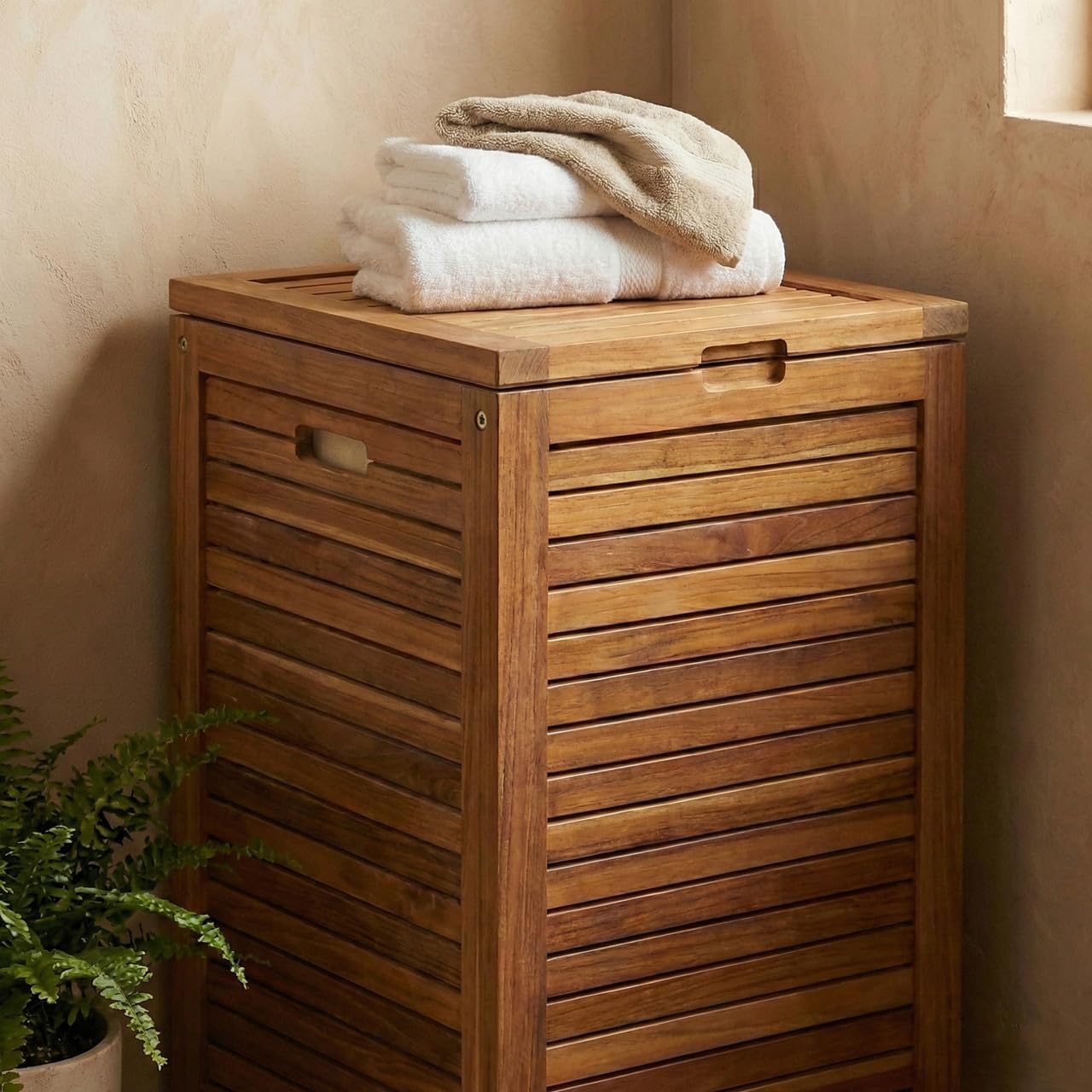 Medium Teak Laundry Hamper, or Indoor Outdoor Storage Bin