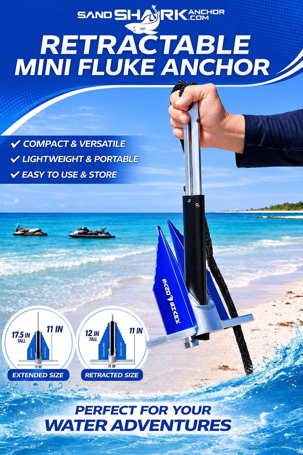 SandShark Premium Fluke Anchor-Retractable Shaft Easy Storage-Aluminum Pontoon Boat Anchor, Jet Ski Anchor. Boats<30 ft. Sand Anchor for Boat, Boat Anchor.
