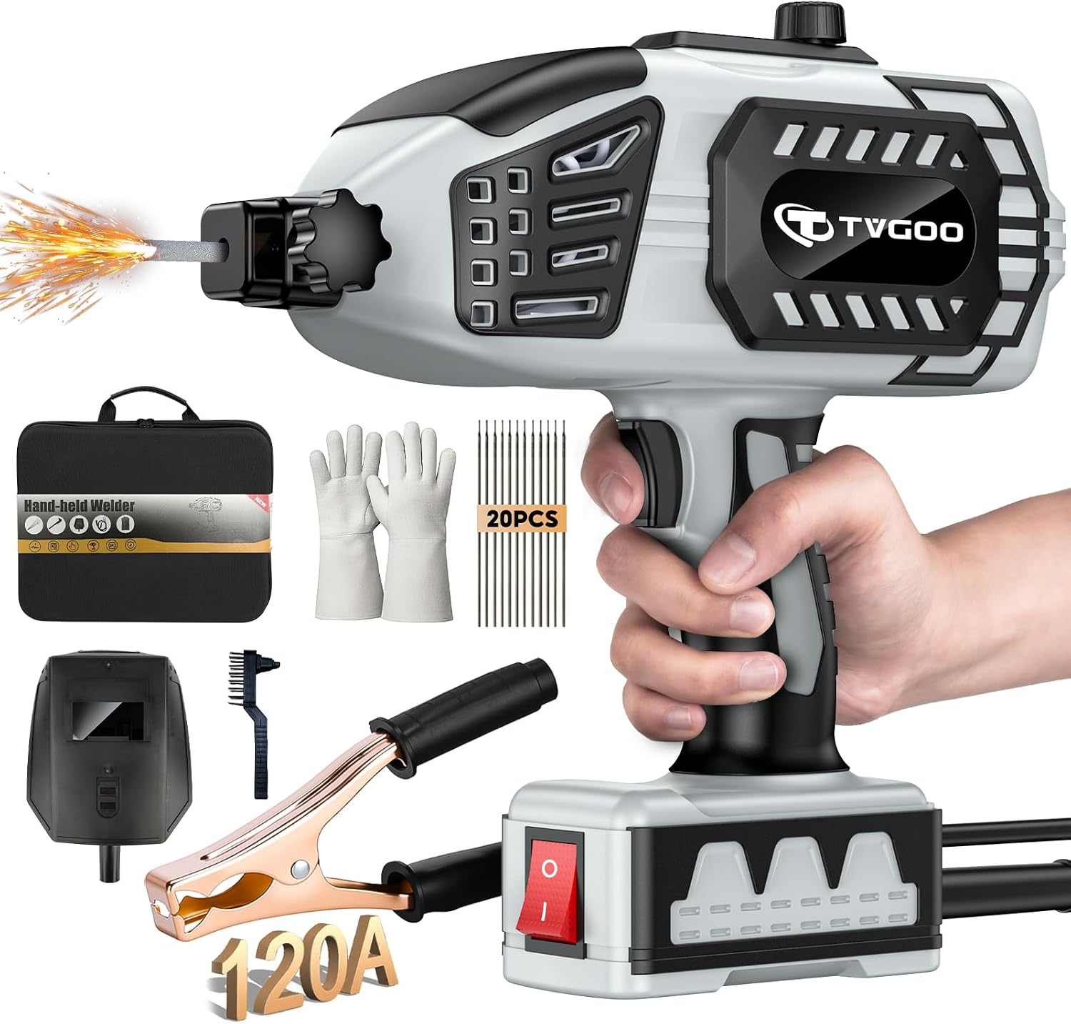 Portable Handheld Welding Machine - 110V IGBT Inverter Handheld Welder, 20-120A ARC Adjustable Current, Hot Start & Anti-Stick for 3/32'-1/8' Welding Rods(Grey)