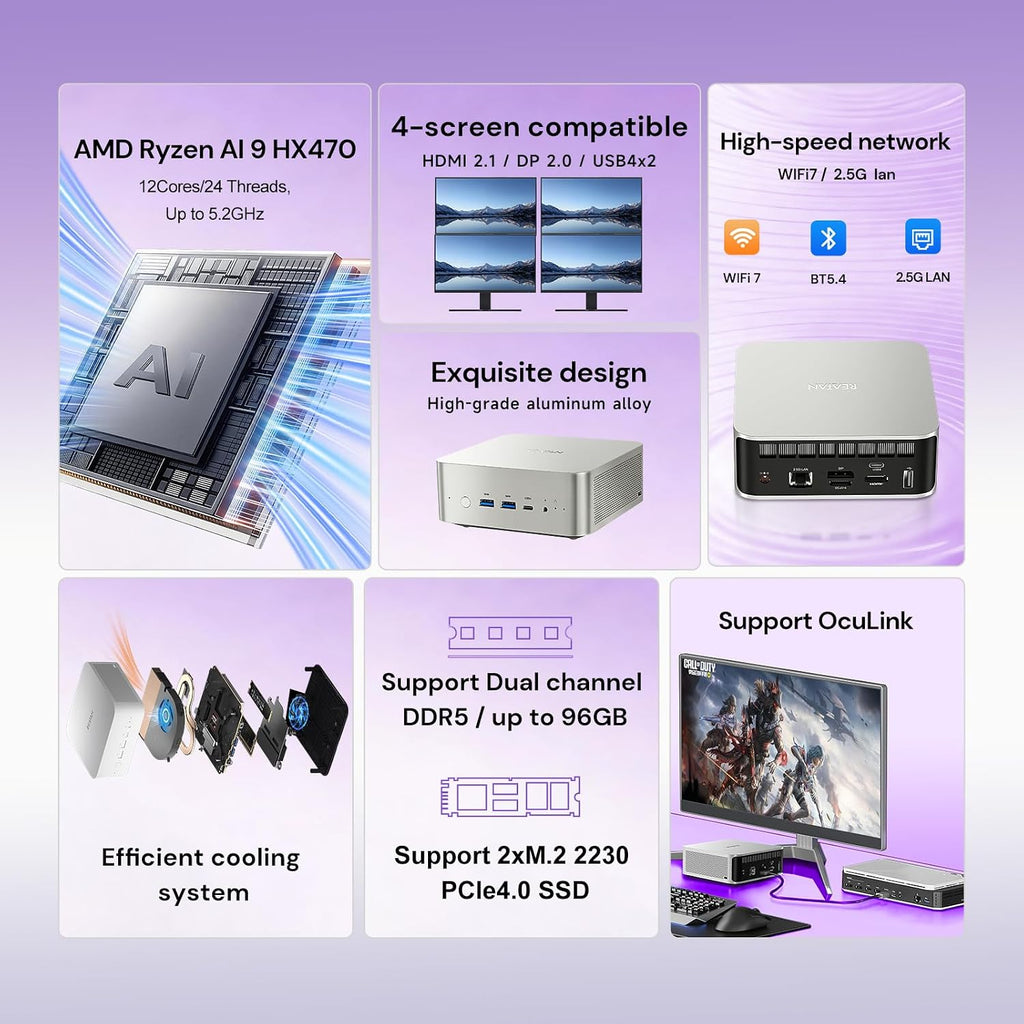 Reatan Mini Gaming PC, Latest AMD Ryzen AI 9 HX 470 Processor, 12C/24T Up to 5.2GHz, 48GB DDR5 1TB SSD, Radeon 890M GPU, 8K Quad Display, Built-in Speaker, Oculink, WiFi 7, BT 5.4, Compact Desktop