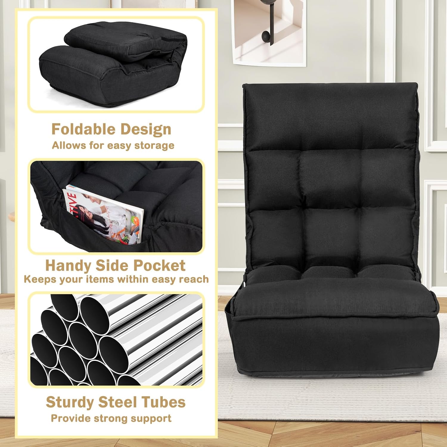 KOMFOTT Folding Floor Chair for Adults, Floor Gaming Chair with 5-Position Adjustable Headrest & 4-Position Adjustable Backrest, Side Pocket, Floor Seating Lazy Sofa for Reading, Meditating, Black