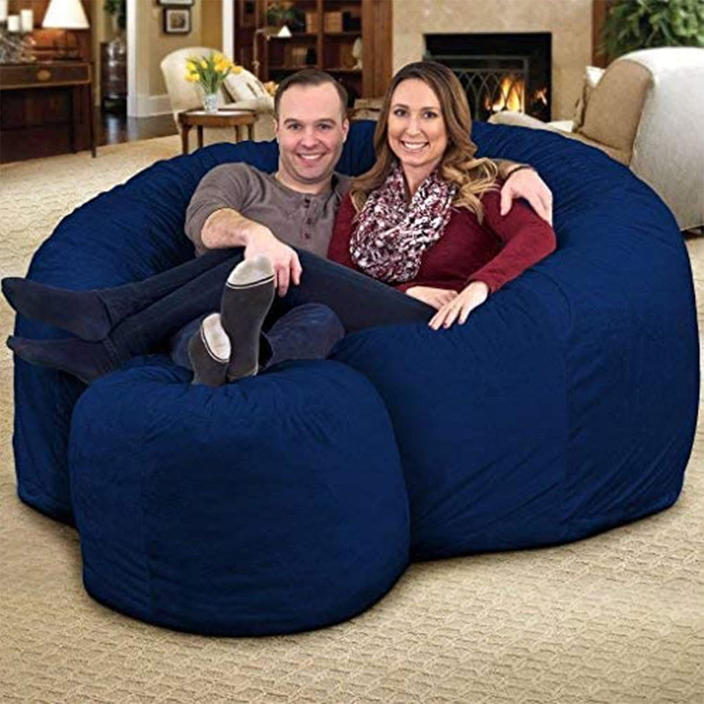 ULTIMATE SACK 6000 6-Foot Bean Bag Chair with Footstool, Electric Blue Suede Cover – Oversized Foam Lounger, Floor Seat, Small Sofa, or Couch Bed for Living Area, Gaming Room, or Reading Lounge