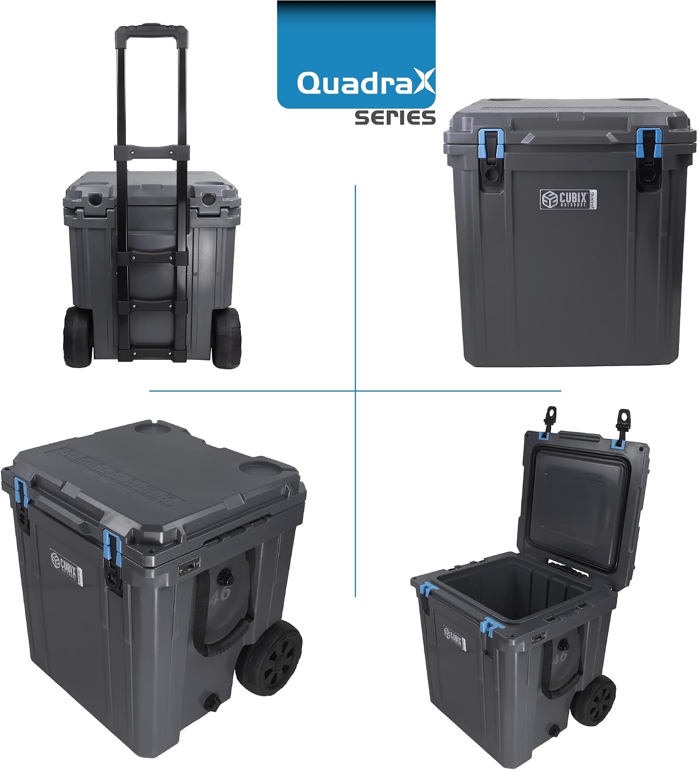 Cubix Outdoors QuadraX 46QT Wheeled Rotomolded Portable Hard Cooler for Camping, Fishing, Beach | Heavy Duty Insulated Ice Chest with Wheels and Handle | Cold Retention 5 Days