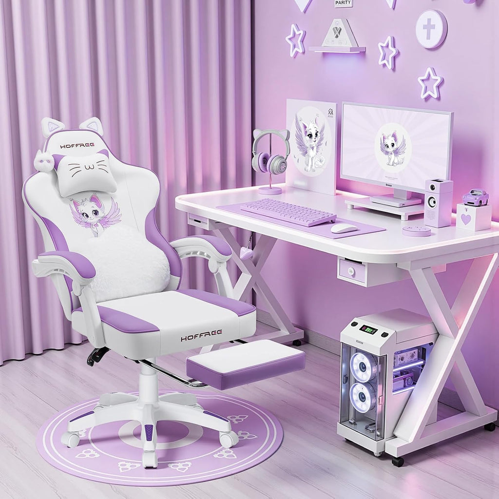 HOFFREE Gaming Chair with Cat Ears and Cloud Massage Lumbar Ergonomic Cute Computer Chair for Girls with Footrest Comfortable Reclining Game Chairs for Adults Purple and White