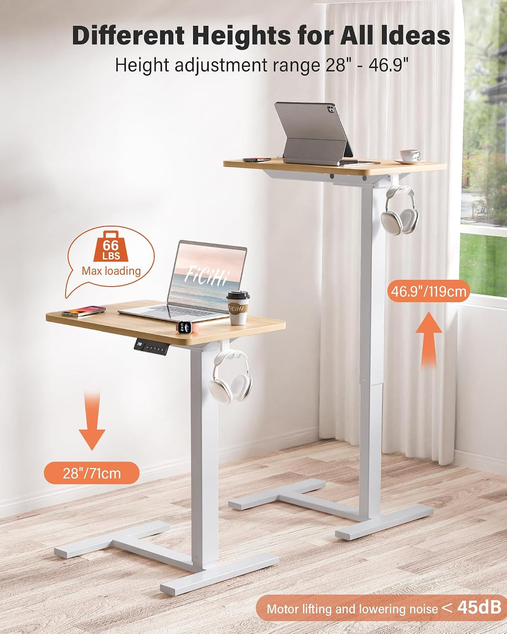 FiCiHi Electric Standing Desk with Wheels – Adjustable Height Mobile Sit-Stand Laptop Table, Portable Rolling Small Computer Workstation for Home Office & Bedside Use (24'x16', Maple)
