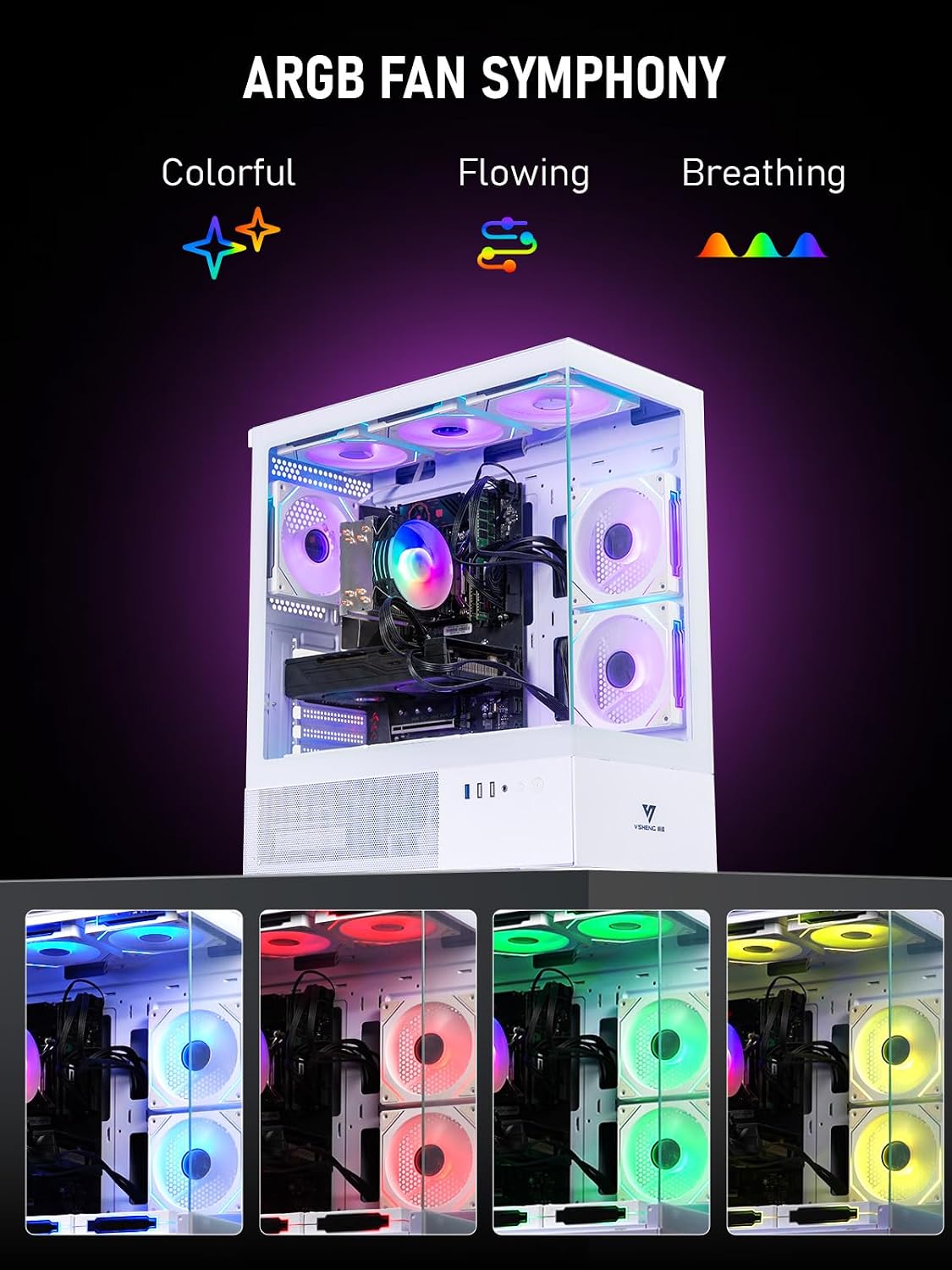 White Gaming PC Computer Desktop – i7 Xeon E5 3.20GHz, Radeon RX 580 8GB, 16GB RAM, 512GB SSD + 1TB HDD, WiFi 6 & BT 5.4, 9× ARGB Fans, Win 11 Pro, High-Performance Gaming Tower