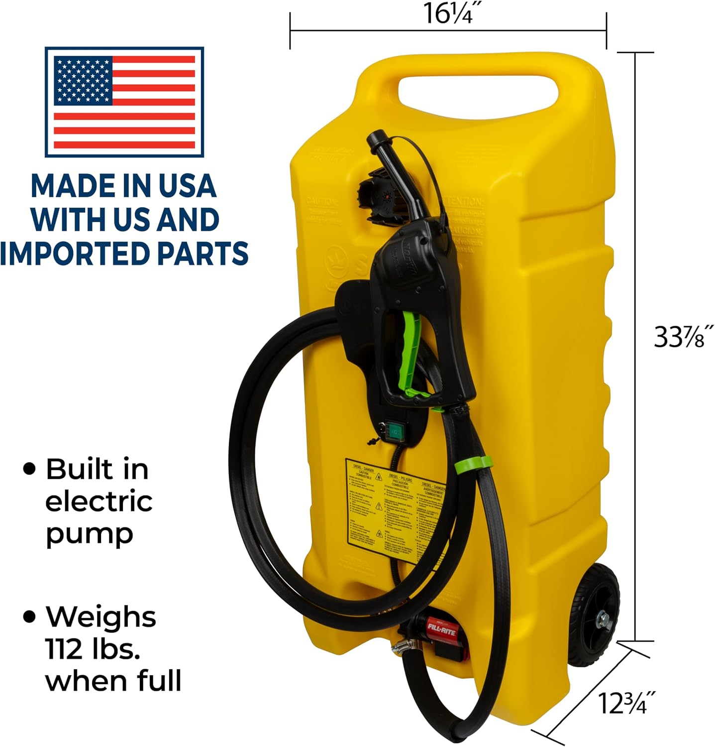 Scepter 14 Gallon Gas Caddy with Electric Fuel Pump, Flo 'N Go Powered Portable Fuel Tank with Fill-Rite Transfer Pump and 10-Foot Hose for Farm, Marine, Commercial, and Home Use, Yellow