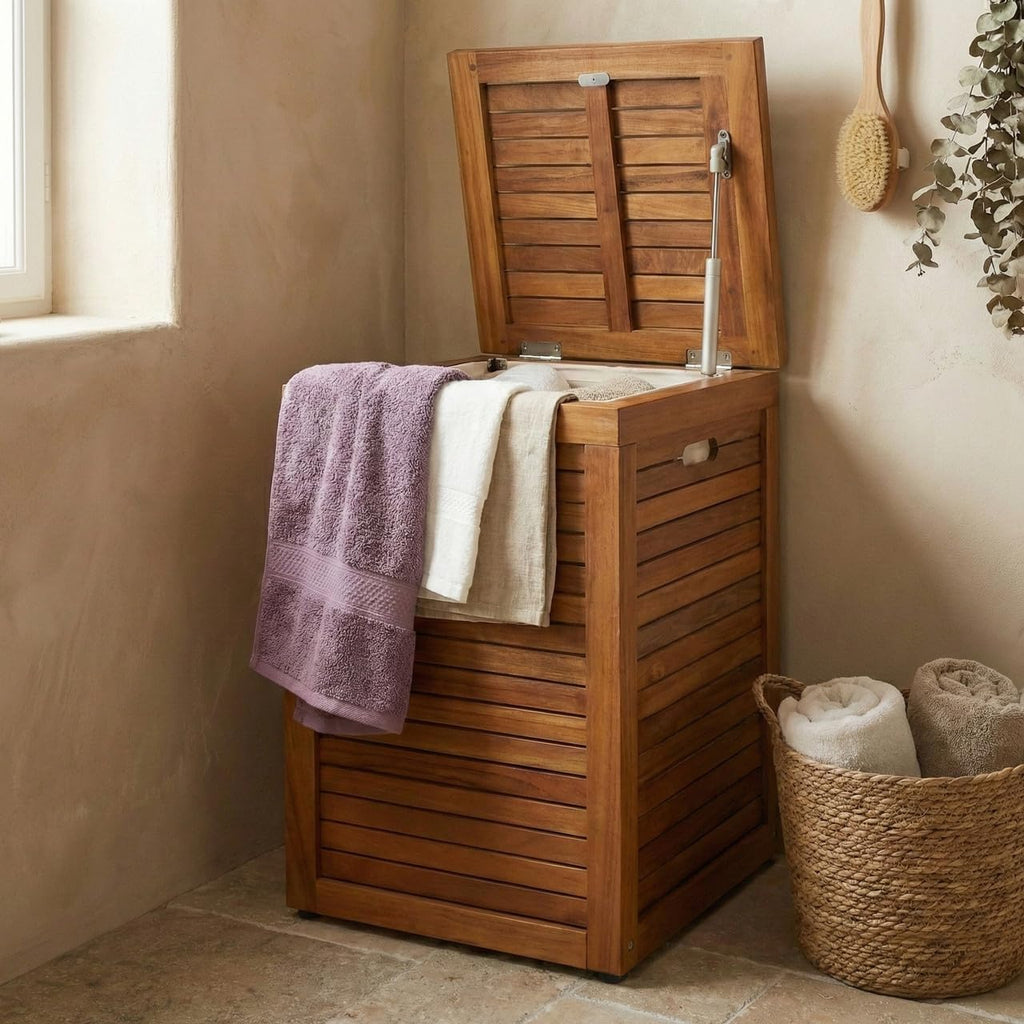 Medium Teak Laundry Hamper, or Indoor Outdoor Storage Bin
