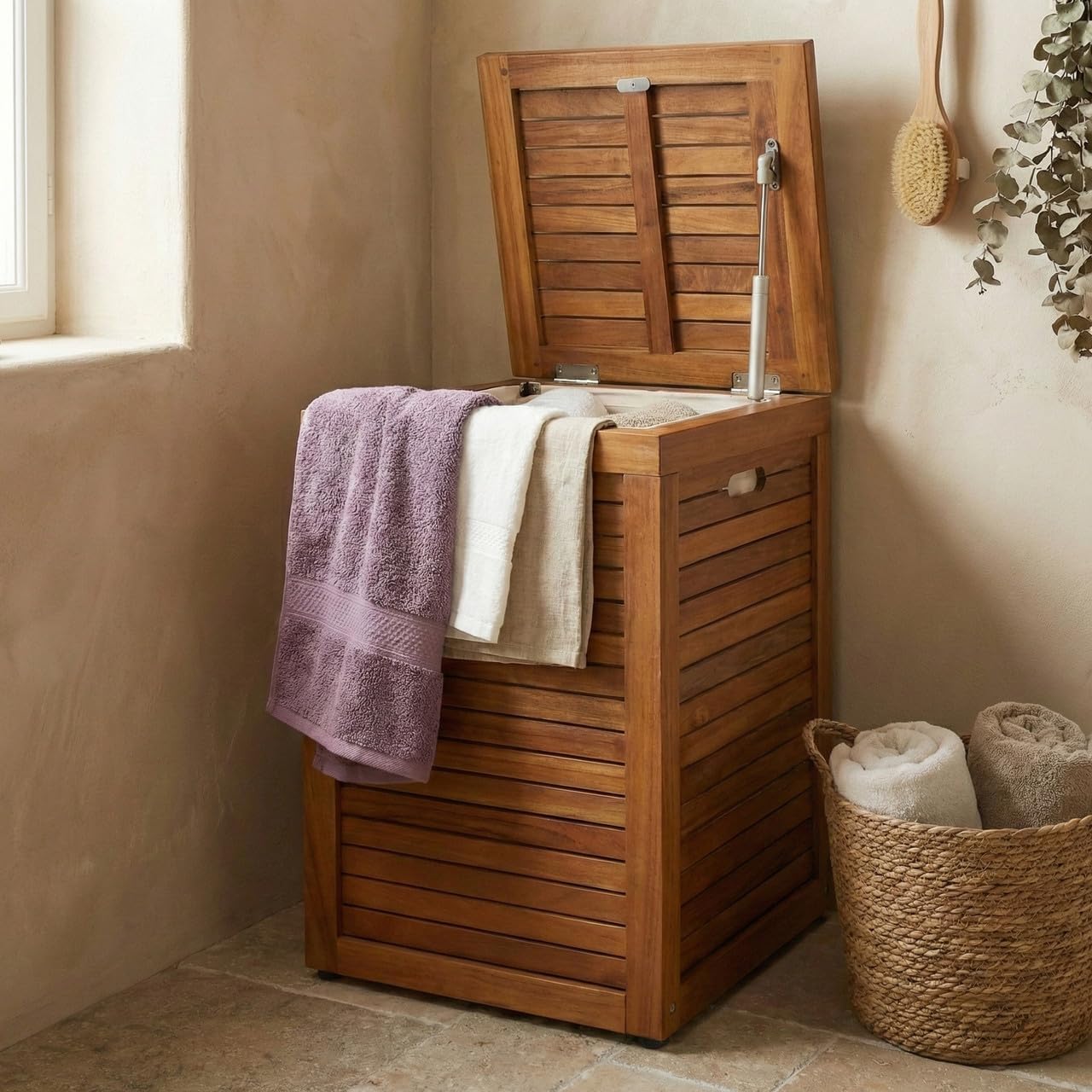 Medium Teak Laundry Hamper, or Indoor Outdoor Storage Bin