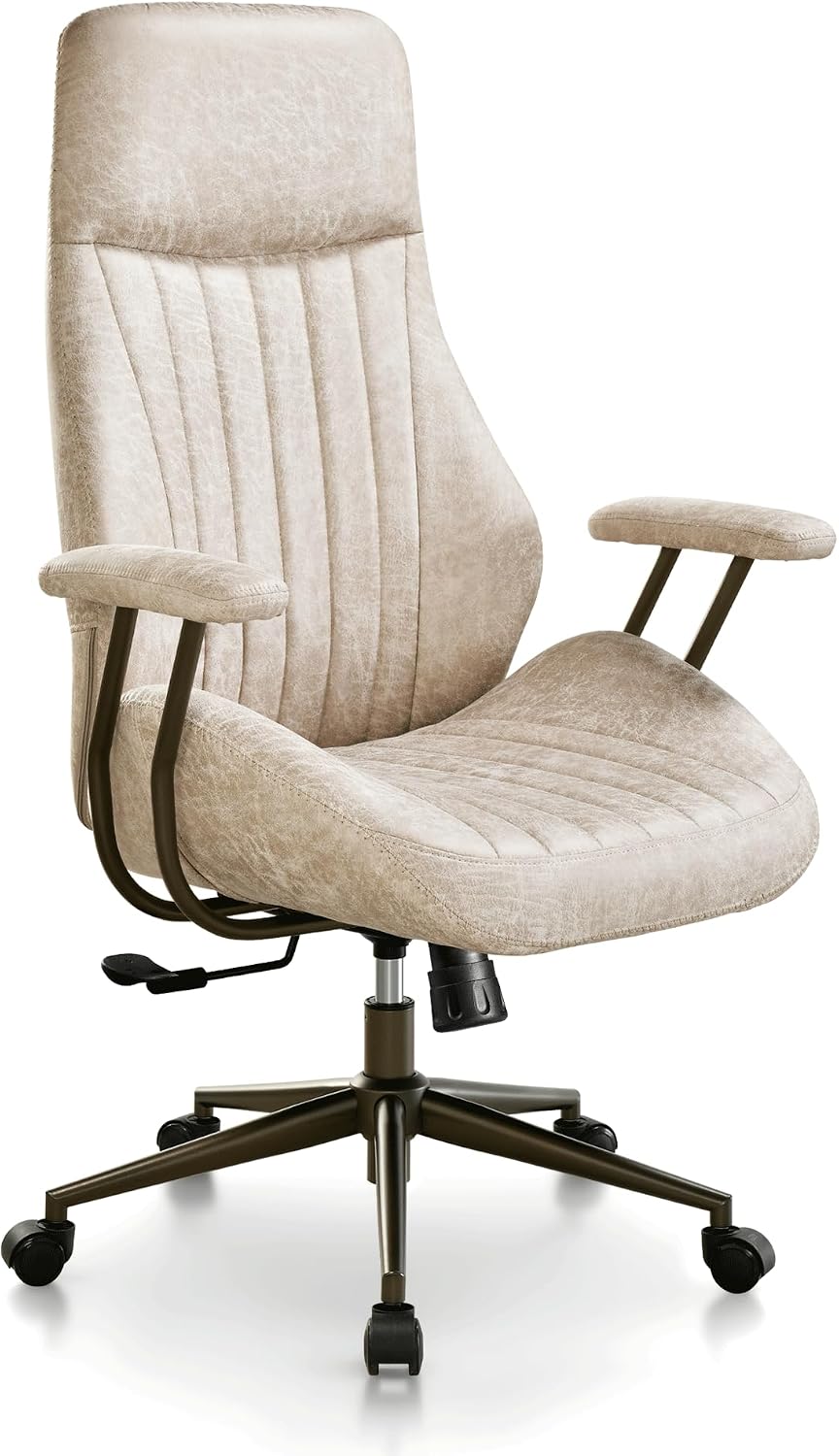 ovios Ergonomic Office Chair, High Back Faux Leather Executive Chairs with Armrests, Comfy Mid-Century Modern Swivel Rolling Computer Armchair (Beige, Suede Leather)