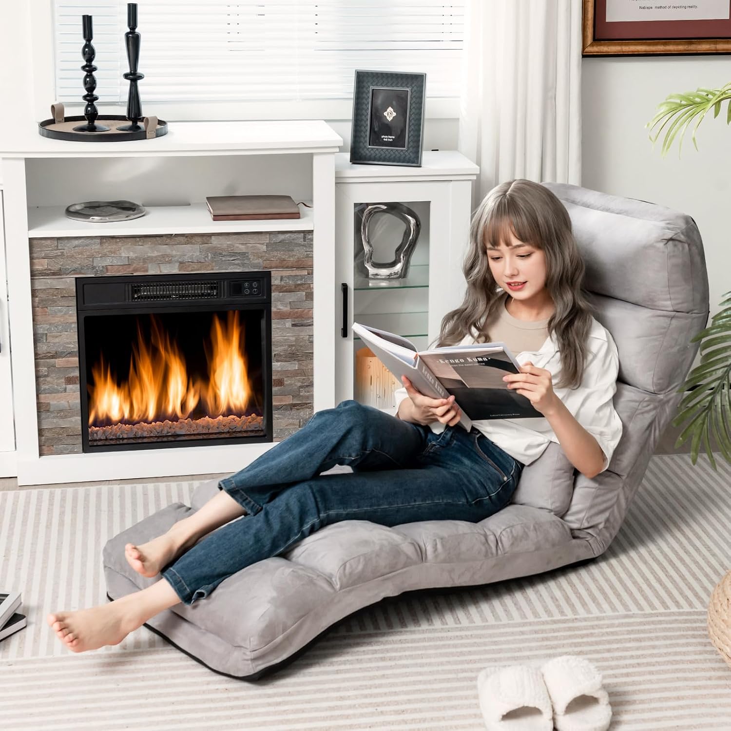 KOMFOTT Foldable Floor Lazy Sofa with Pillow, Indoor Chaise Lounger with 5 Adjustable Positions, Adjustable Back Support & Footrest, Video Gaming Chair for Home, Office, Reading, Watching (Grey)