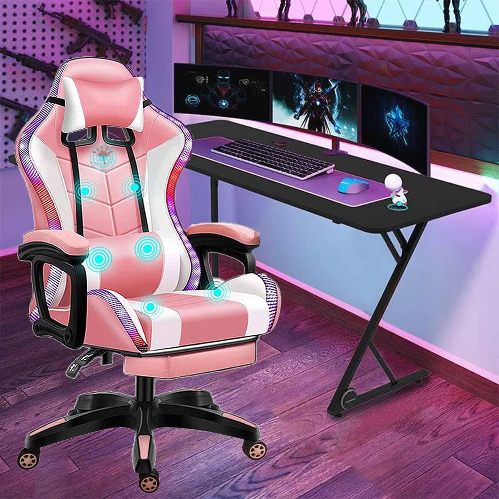 Ergonomic Racing Chair for Adults with LED Light High Back Gaming Chair with Massage and Speakers 360° Swivel Rocking Gamer Chair with Footrest for Office and College Dorm Essentials,Pink